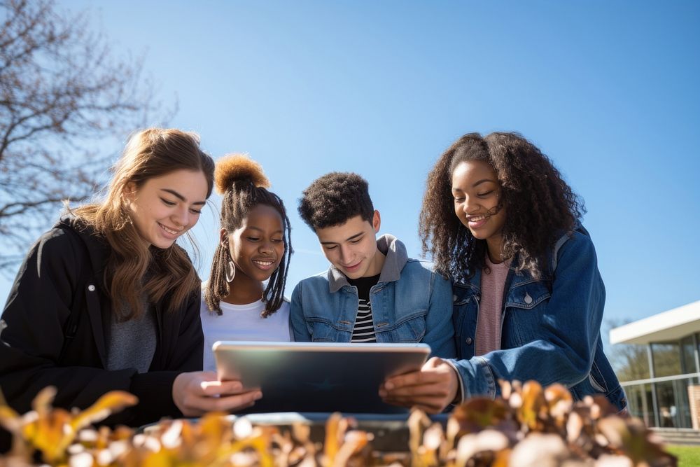 Diverse students computer outdoors adult. 