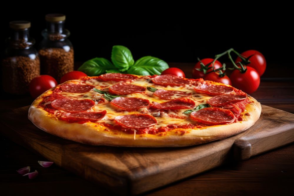 Pepperoni pizza food wood mozzarella. AI generated Image by rawpixel.