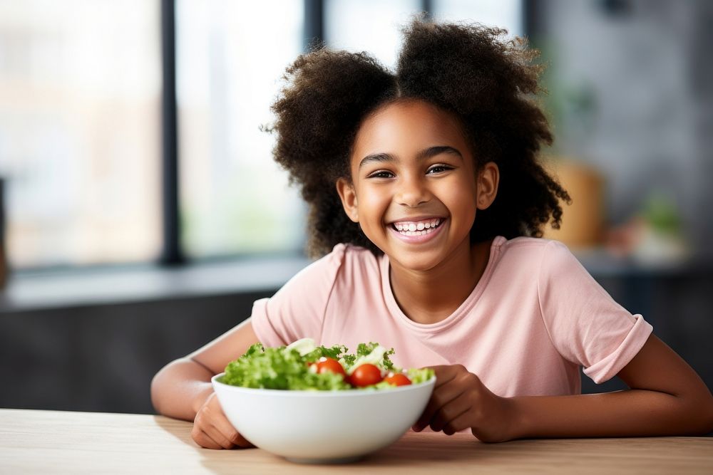 Healthy eating child salad smile. 