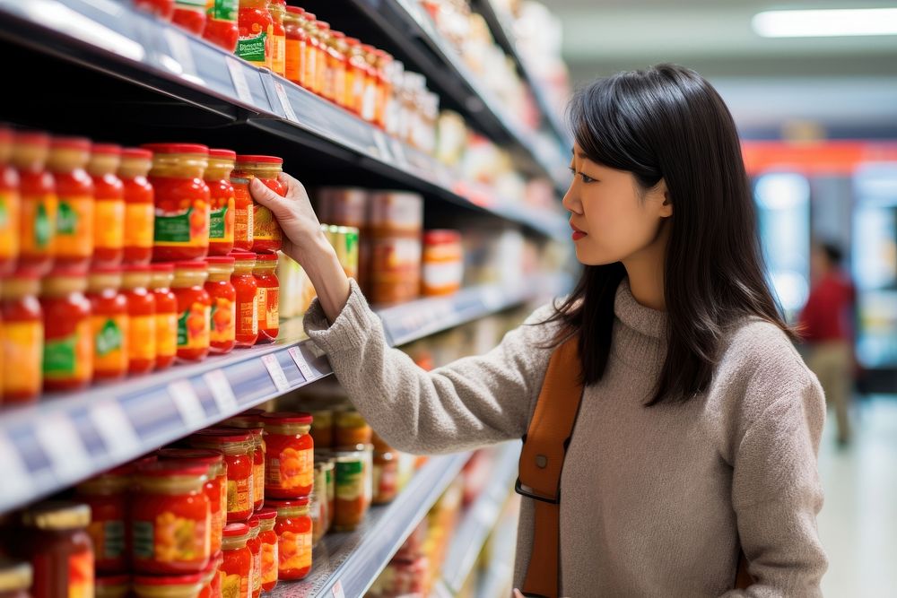 Asian woman supermarket shelf adult. AI generated Image by rawpixel.