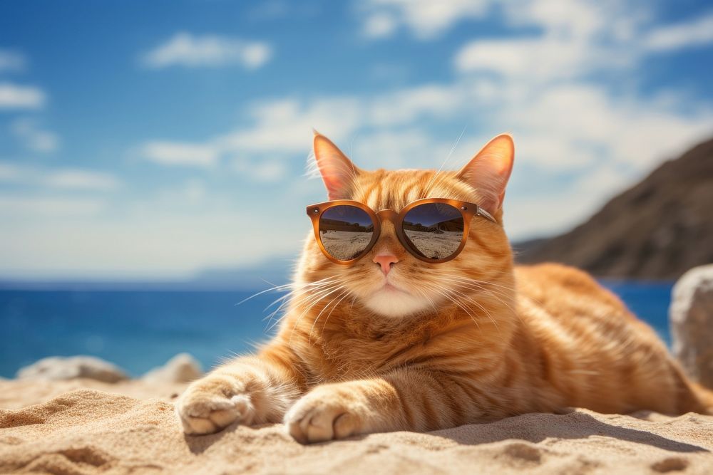 Ginger cat sunglasses beach portrait. 