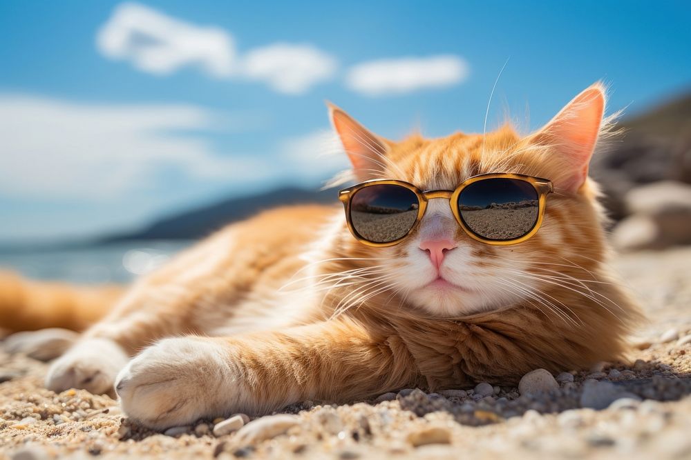 Ginger cat sunglasses outdoors animal. 