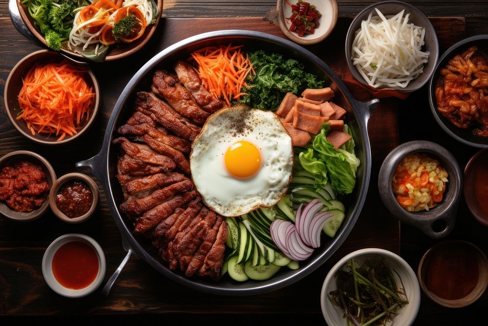 Korean food table meat pork. 