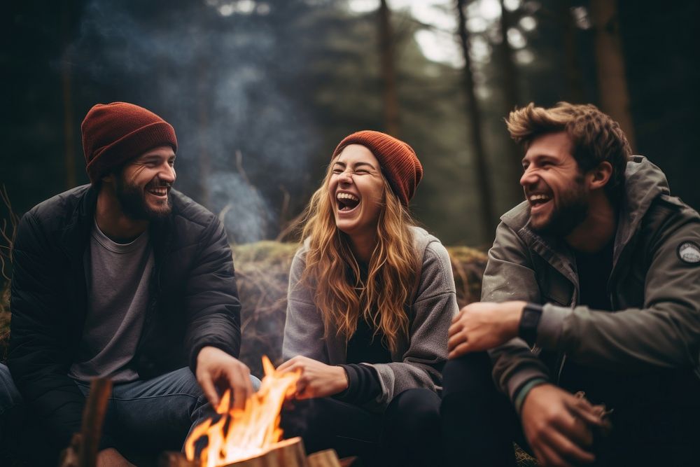Camping laughing campfire bonding. AI generated Image by rawpixel.