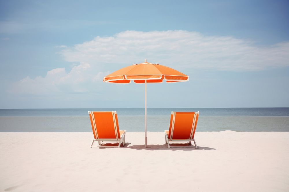 Lounge chairs beach furniture umbrella. AI generated Image by rawpixel.