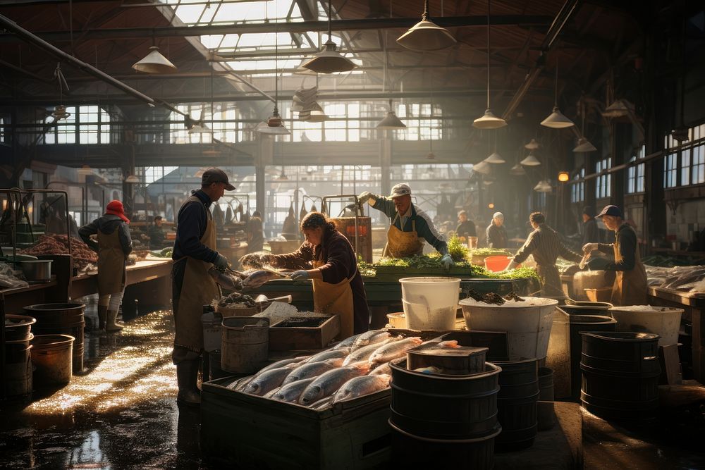 Fish market architecture building factory. AI generated Image by rawpixel.