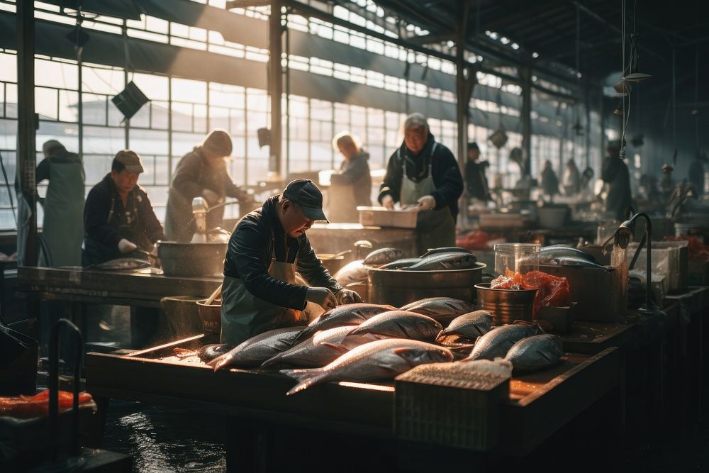 Fish market architecture factory adult. AI generated Image by rawpixel.