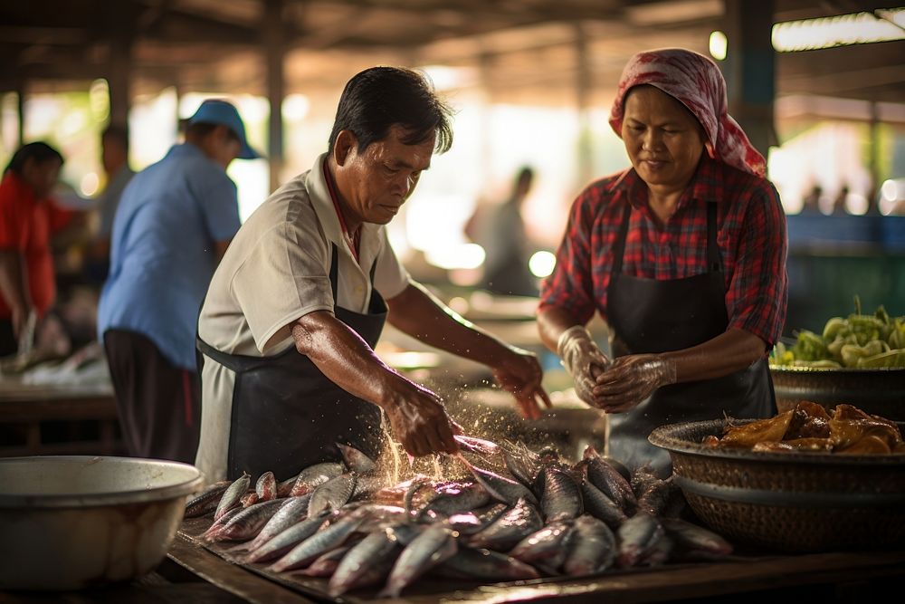 Fish market adult freshness vegetable. 