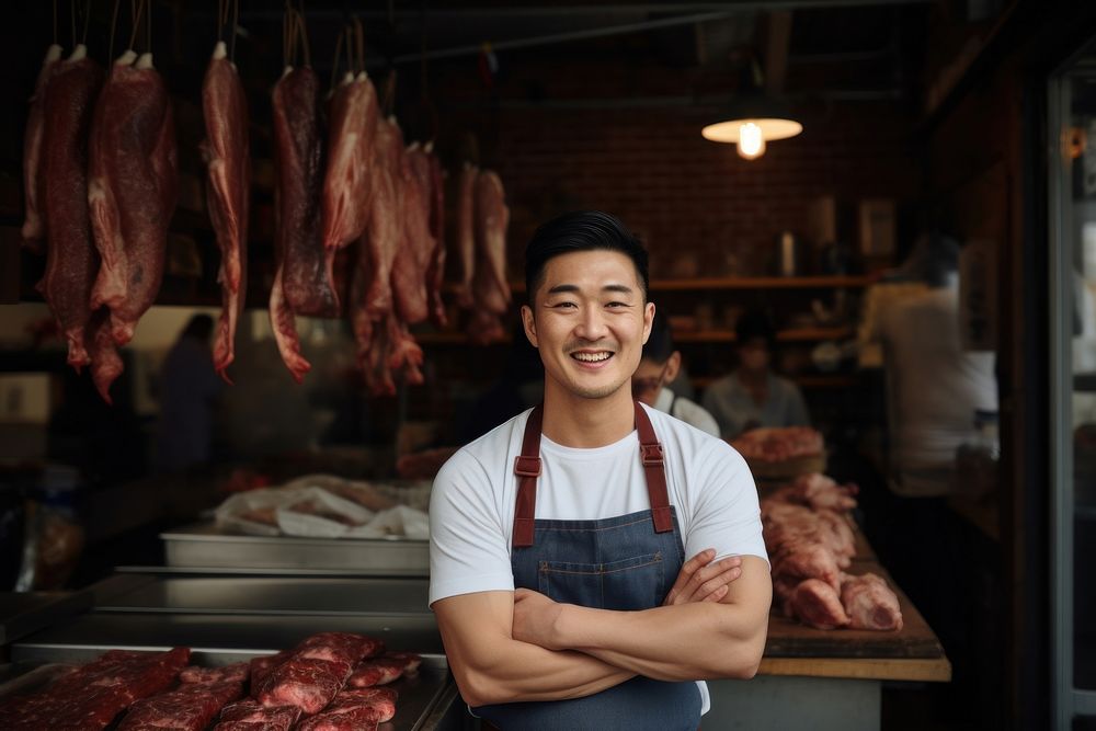 Meat shop slaughterhouse entrepreneur happiness. AI generated Image by rawpixel.