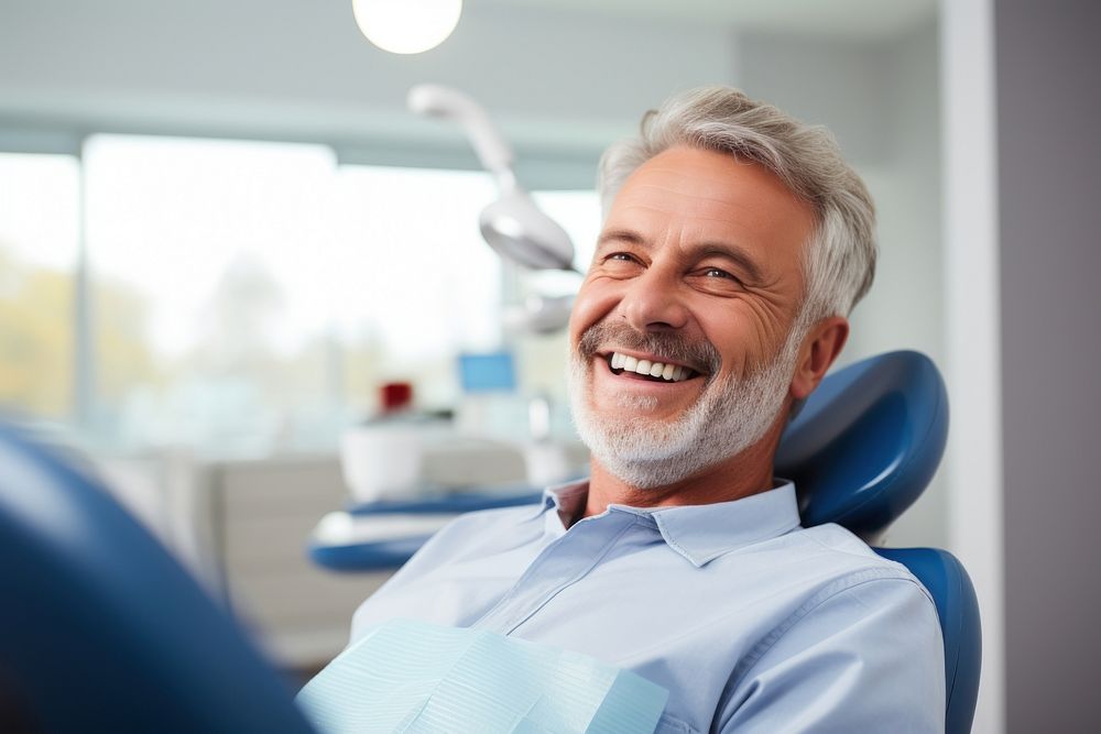 Man smiling while teeth exam dentist adult happy. 