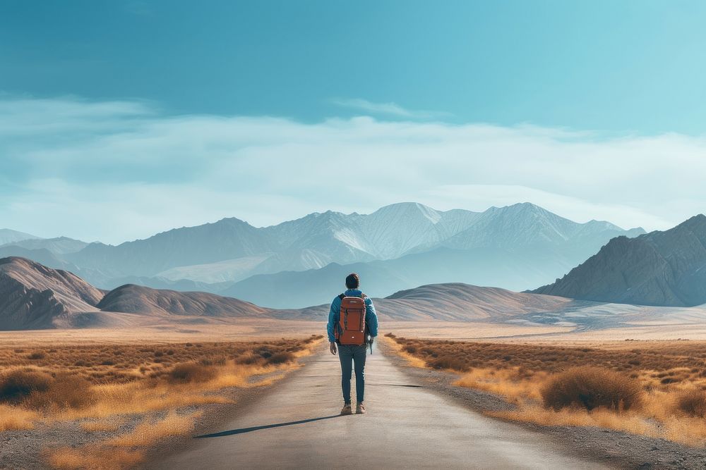 Mountains backpack road standing. 