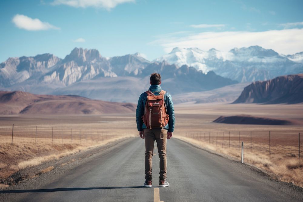Backpack mountains road standing. AI generated Image by rawpixel.