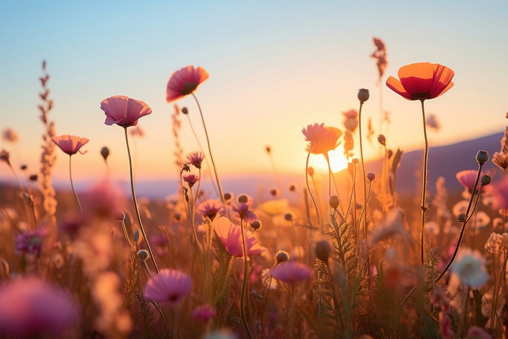 Wildflower nature sky landscape. AI generated Image by rawpixel.