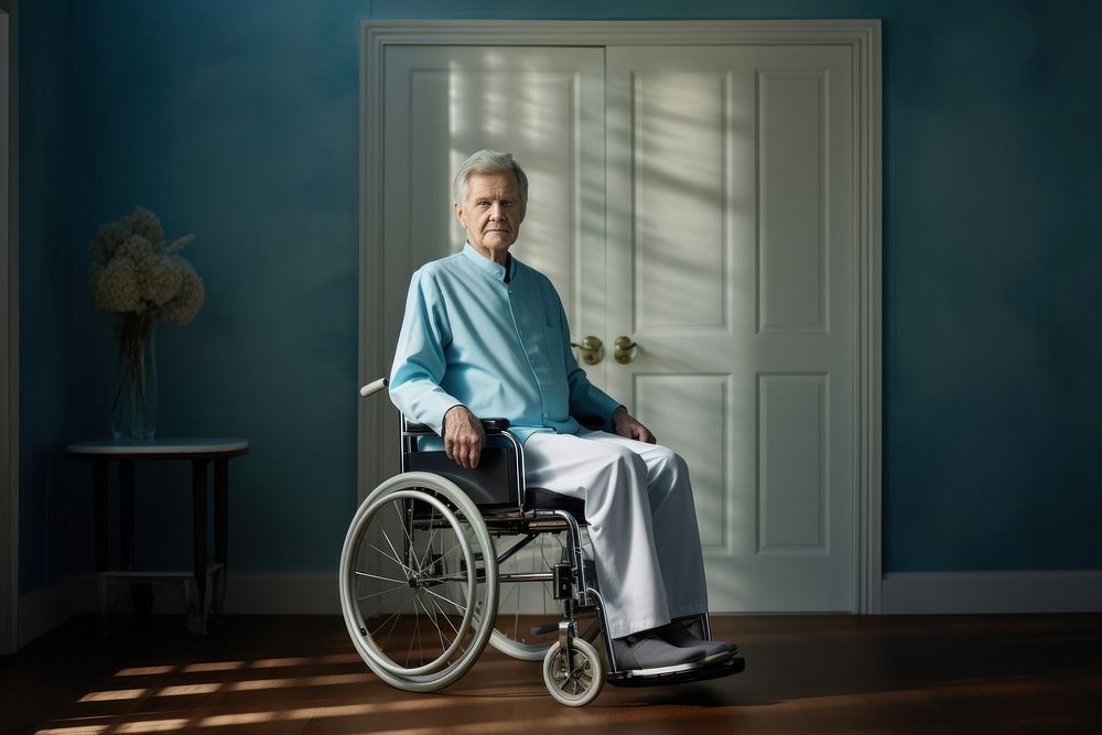 Elderly man retirement wheelchair sitting. 