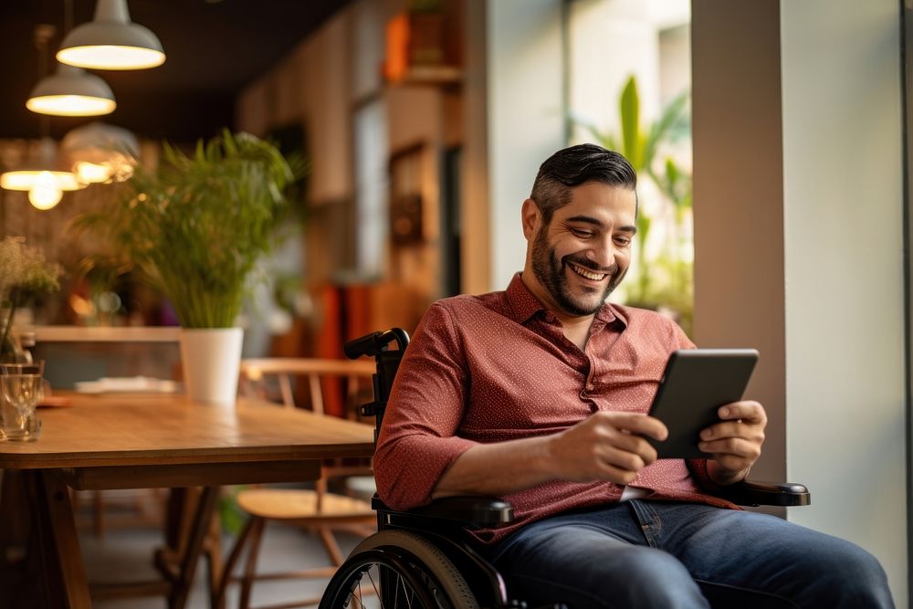 Adult wheelchair sitting smiling. 