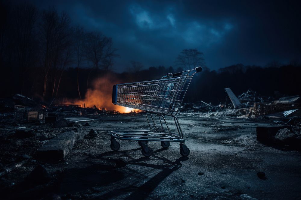 Shopping cart fire architecture destruction. AI generated Image by rawpixel.