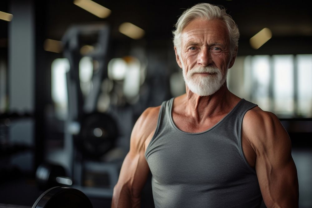 Senior man working out gym fitness portrait adult determination. AI generated Image by rawpixel.