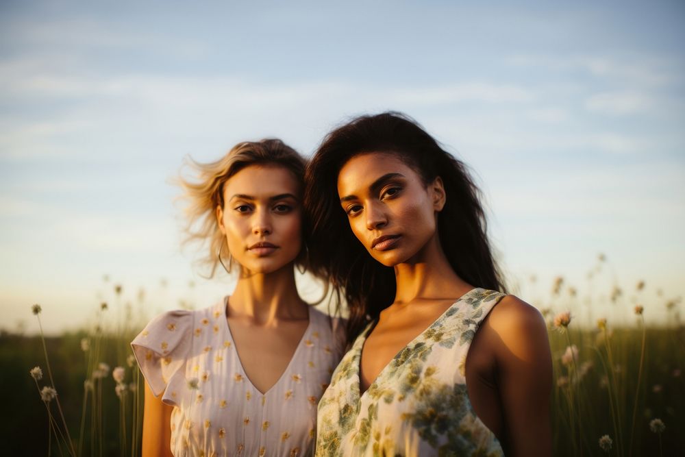Two women portrait nature flower. AI generated Image by rawpixel.