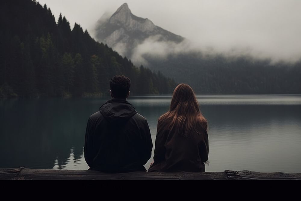 Couple Travelers mountain lake. 