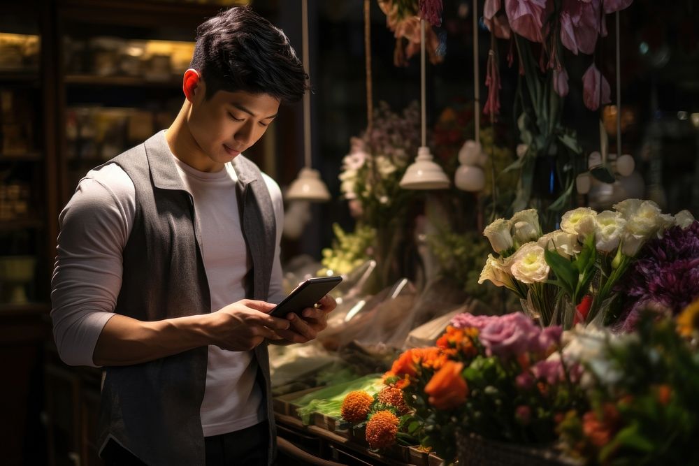 Asian man shopping flower concentration. 