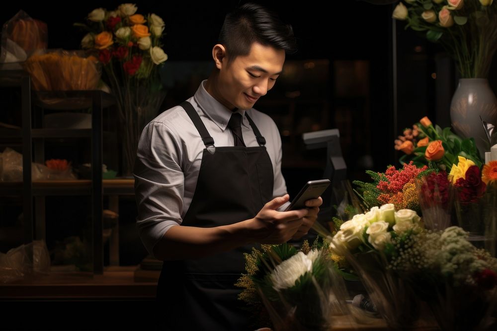 Asian man flower phone food. 