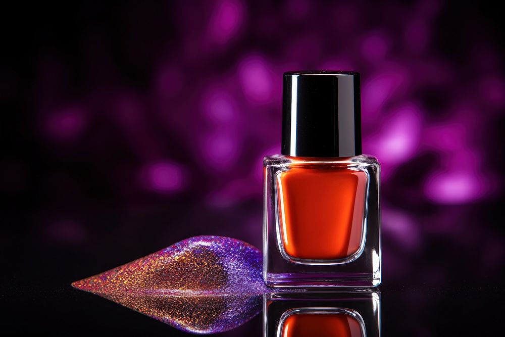 Nail polish bottle cosmetics perfume black background. 