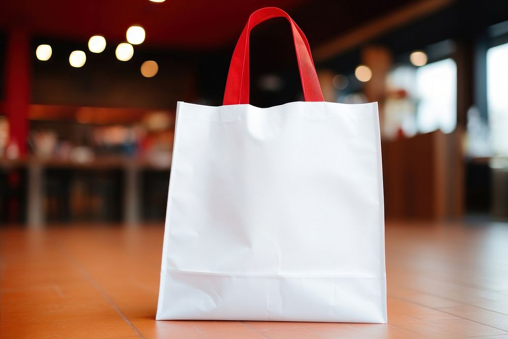 Red shopping bag handbag white accessories. 