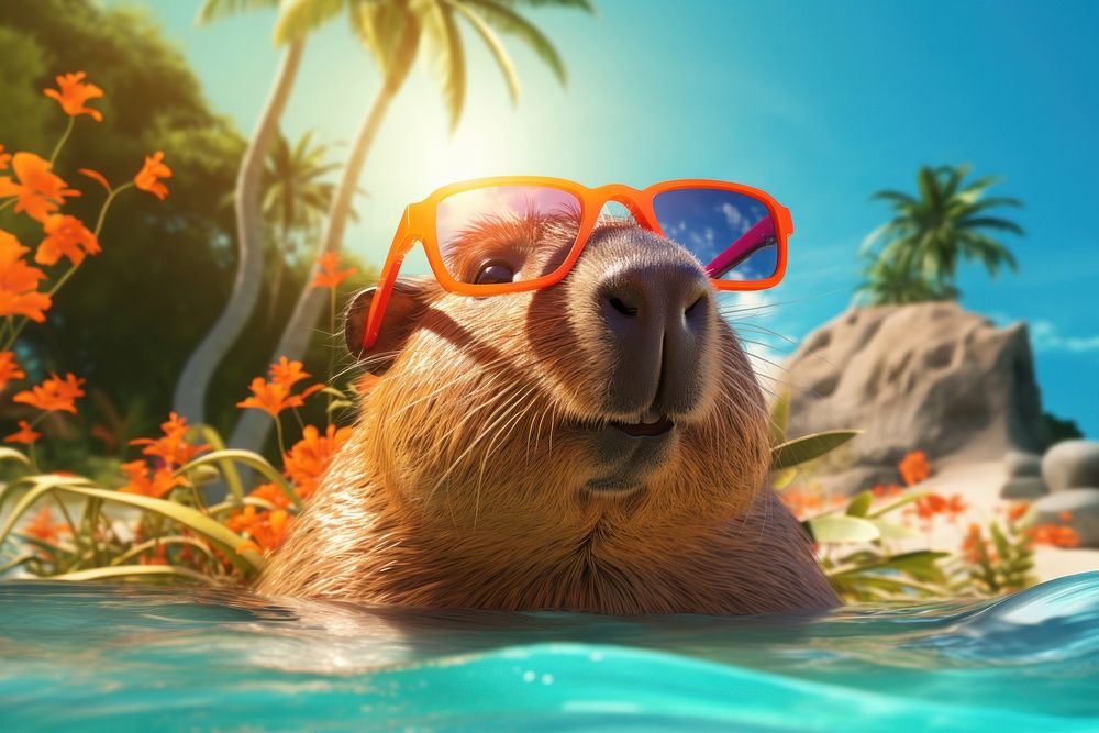 Capybara wearing summer sunglasses swimming outdoors cartoon. AI generated Image by rawpixel.