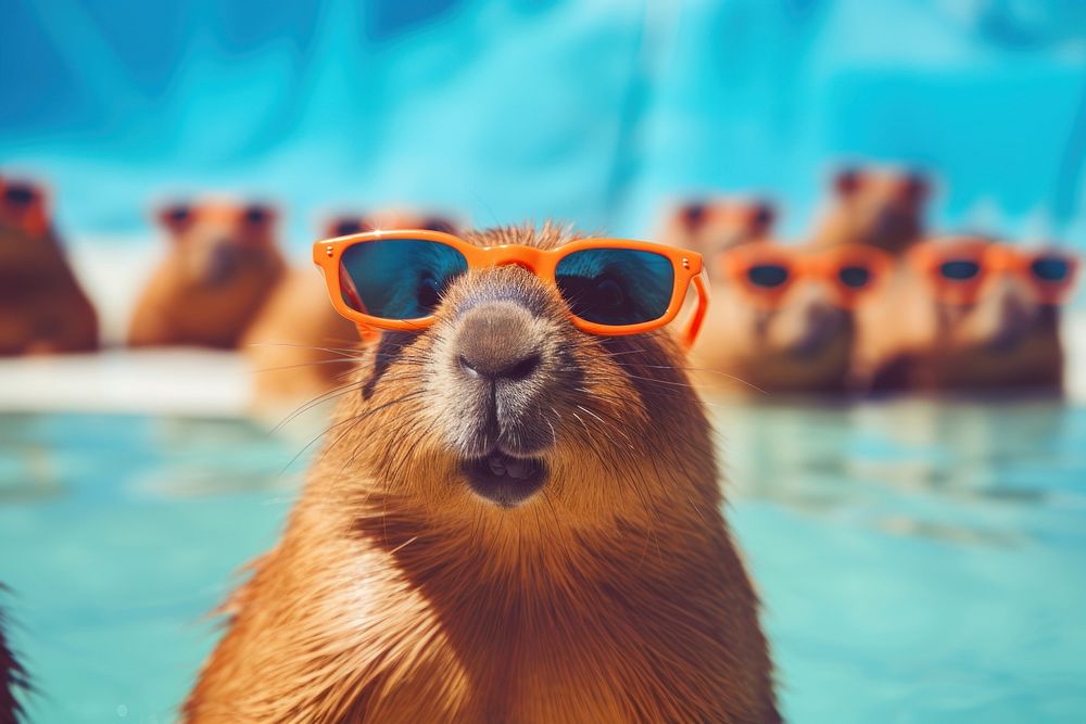 Capybara sunglasses swimming mammal. AI generated Image by rawpixel.
