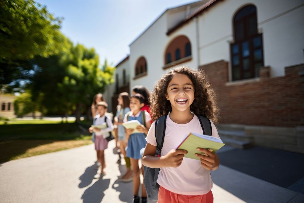 a photo of a elementary school students in front of a elementary school in summer.