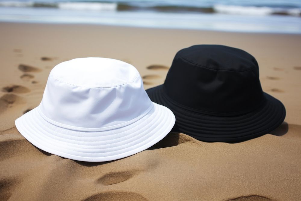 Bucket hats beach black white. AI generated Image by rawpixel.