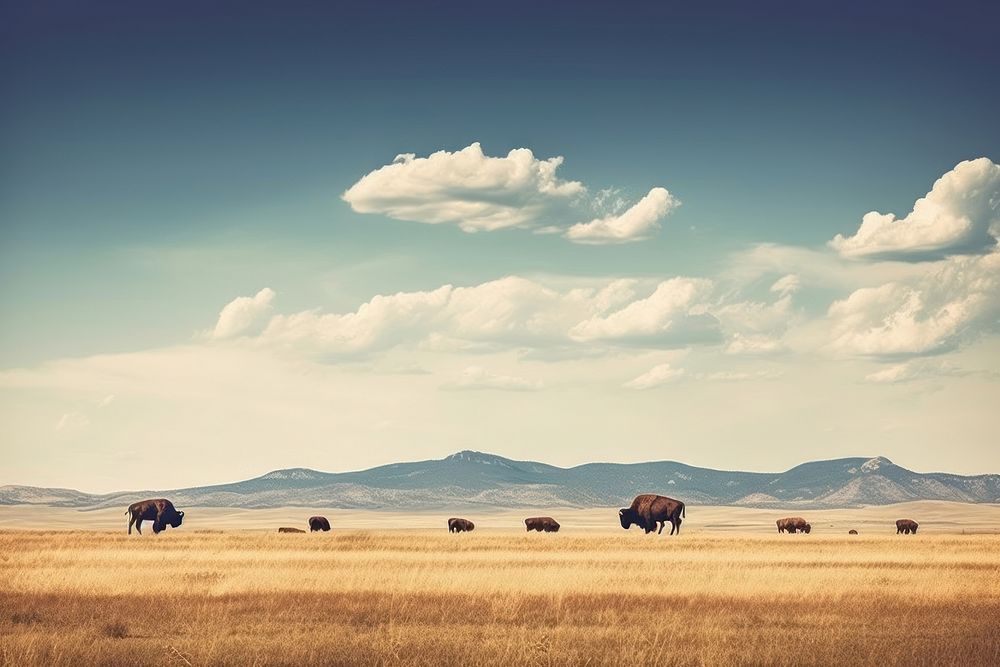 Bison field landscape grassland. AI generated Image by rawpixel.