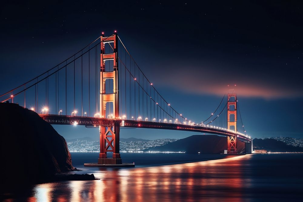 Golden gate bridge city light night architecture. AI generated Image by rawpixel.