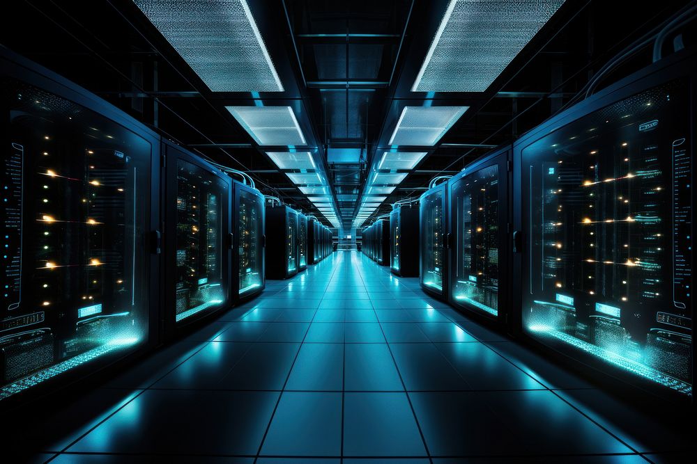 Image of a quantum computer server room with rows of advanced machines. AI generated Image by rawpixel. 