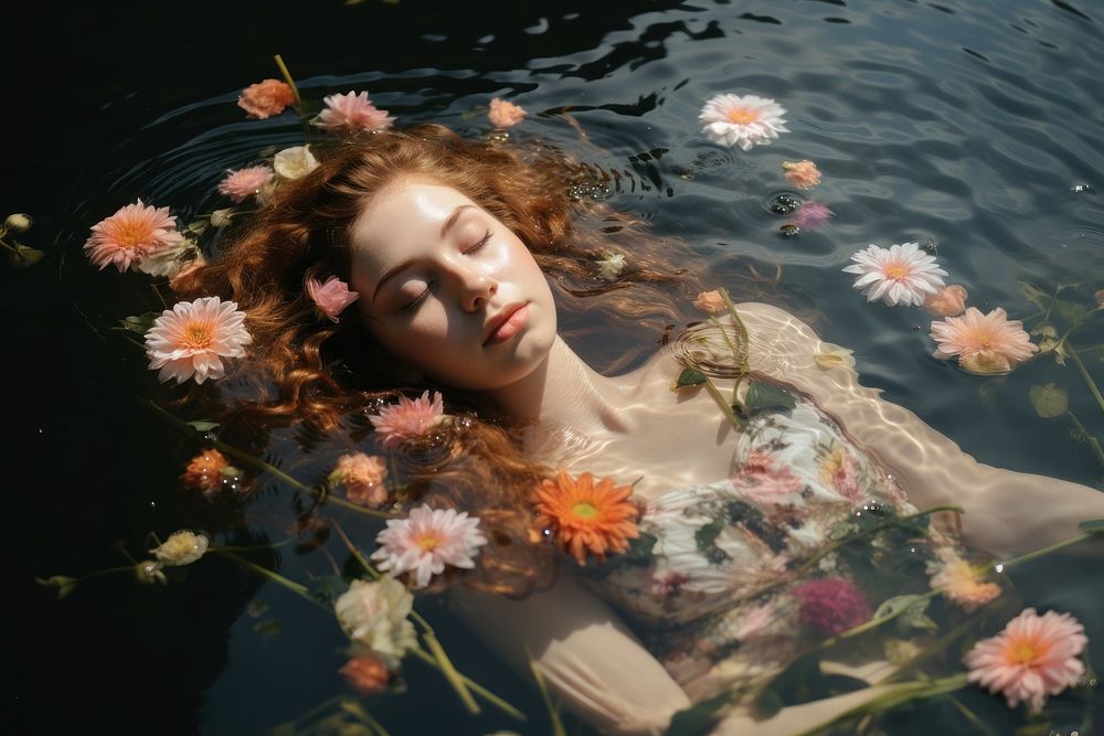 Floating flower swimming portrait. AI generated Image by rawpixel.