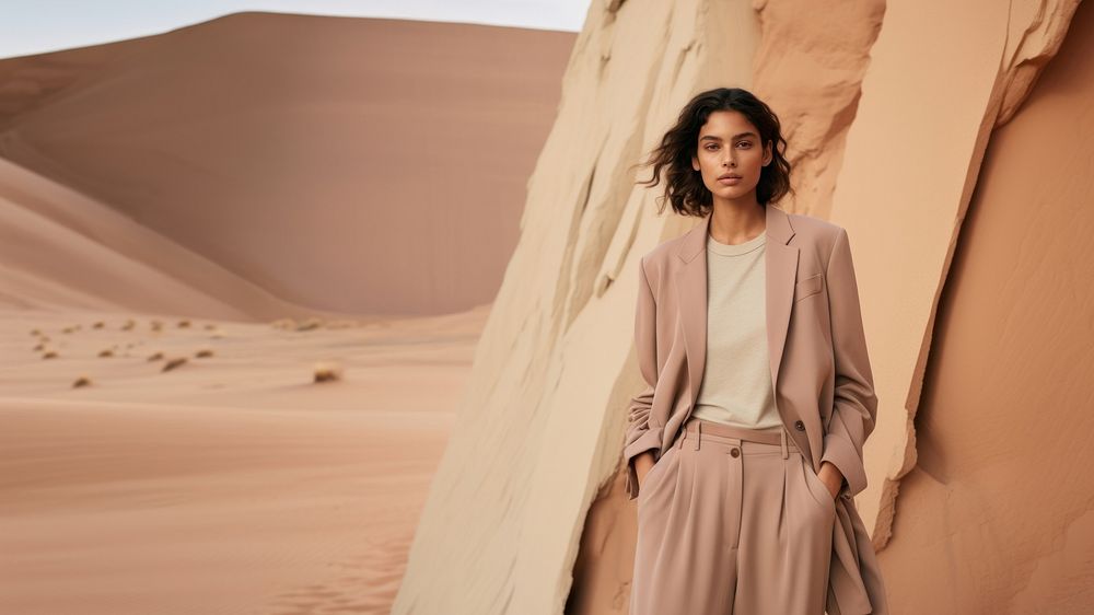 Woman standing wearing a minimal colorful outfit outdoors desert nature. 