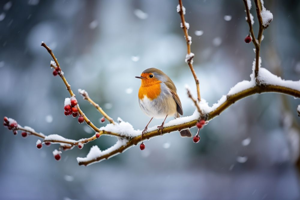 European robin outdoors branch nature. AI generated Image by rawpixel.