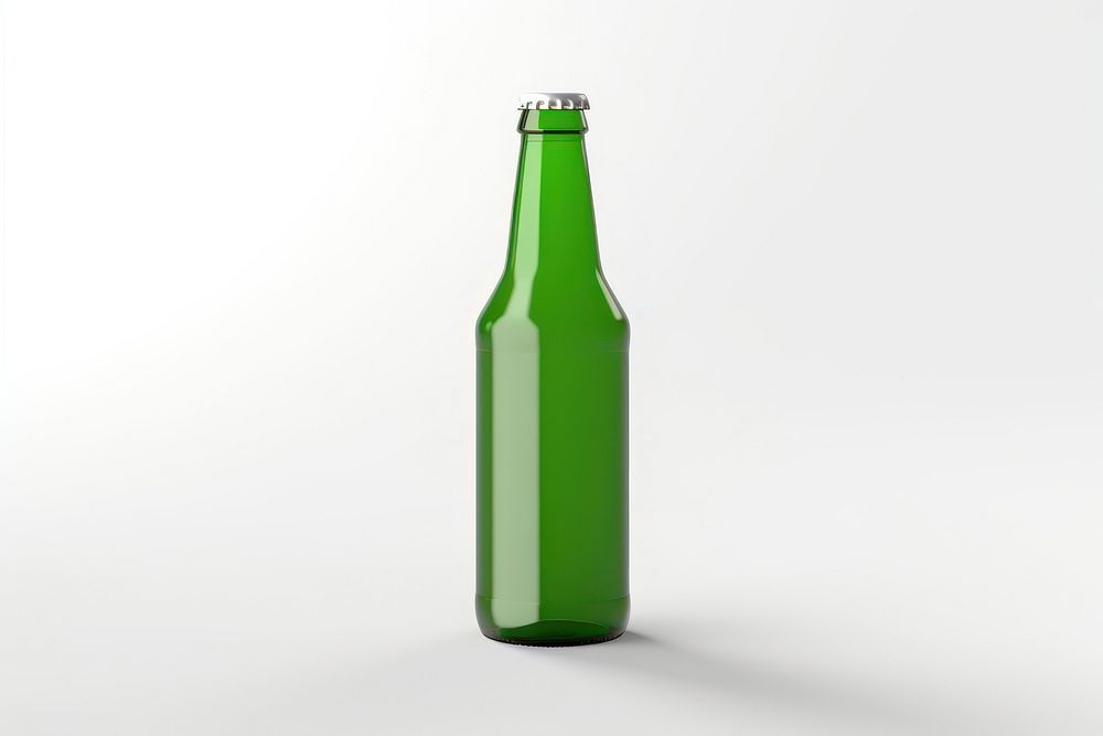 Green beer bottle glass drink white background. 