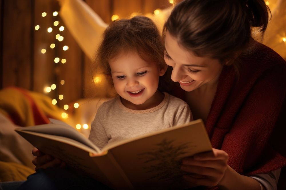 Parent reading a childbook publication adult happy. AI generated Image by rawpixel.