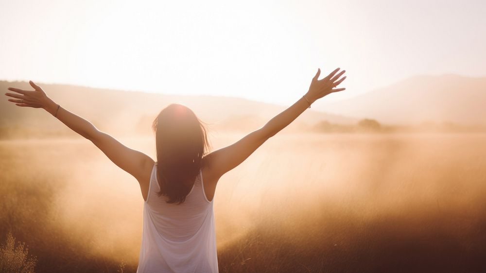 Woman raised arms adult spirituality tranquility. 