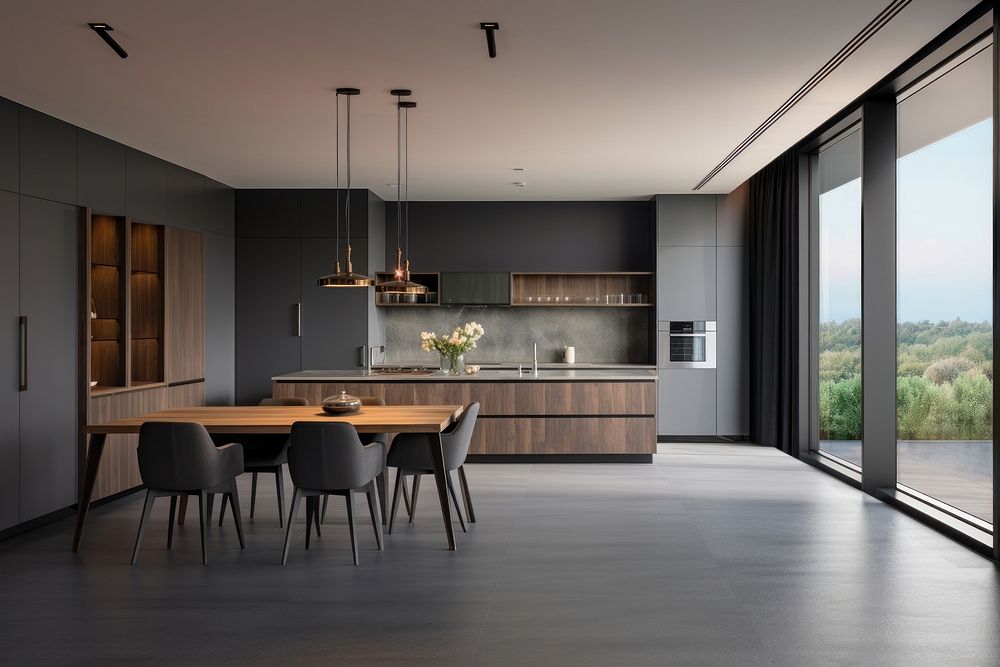 Photography of Beautiful Grey in Modern Kitchen in a Luxury Apartment with Stainless Steel Appliances. 