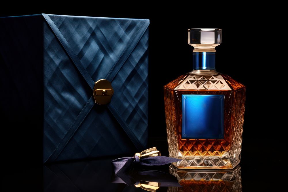 Whisky bottle perfume drink blue. 