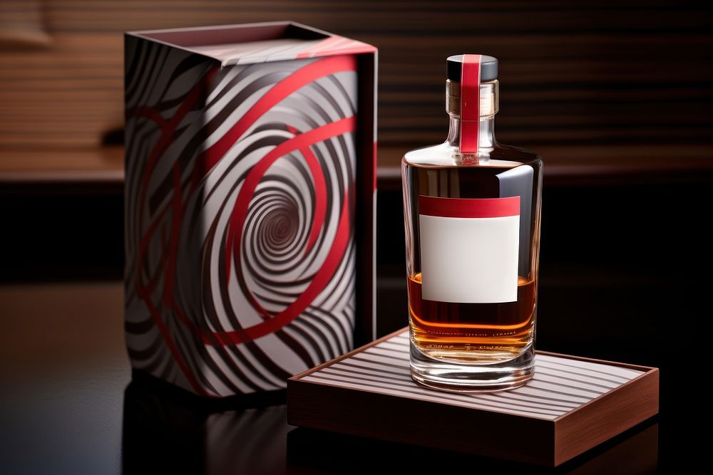 Whisky bottle perfume drink red. 