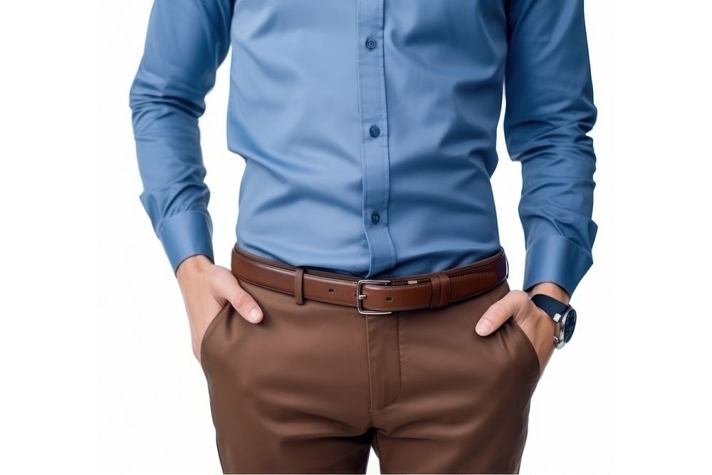 Brown leather trouser belt shirt trousers sleeve. 