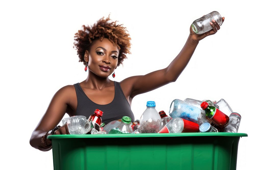 African Woman bottle recycling white background. 