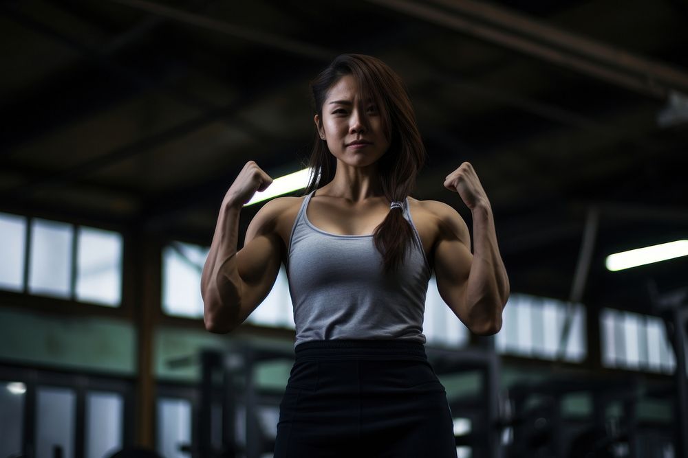 Flexing muscle adult woman gym. AI generated Image by rawpixel.