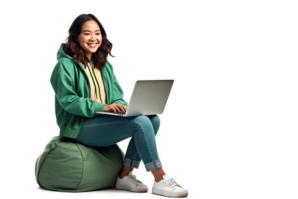 Chubby Asian women computer sitting laptop. AI generated Image by rawpixel.