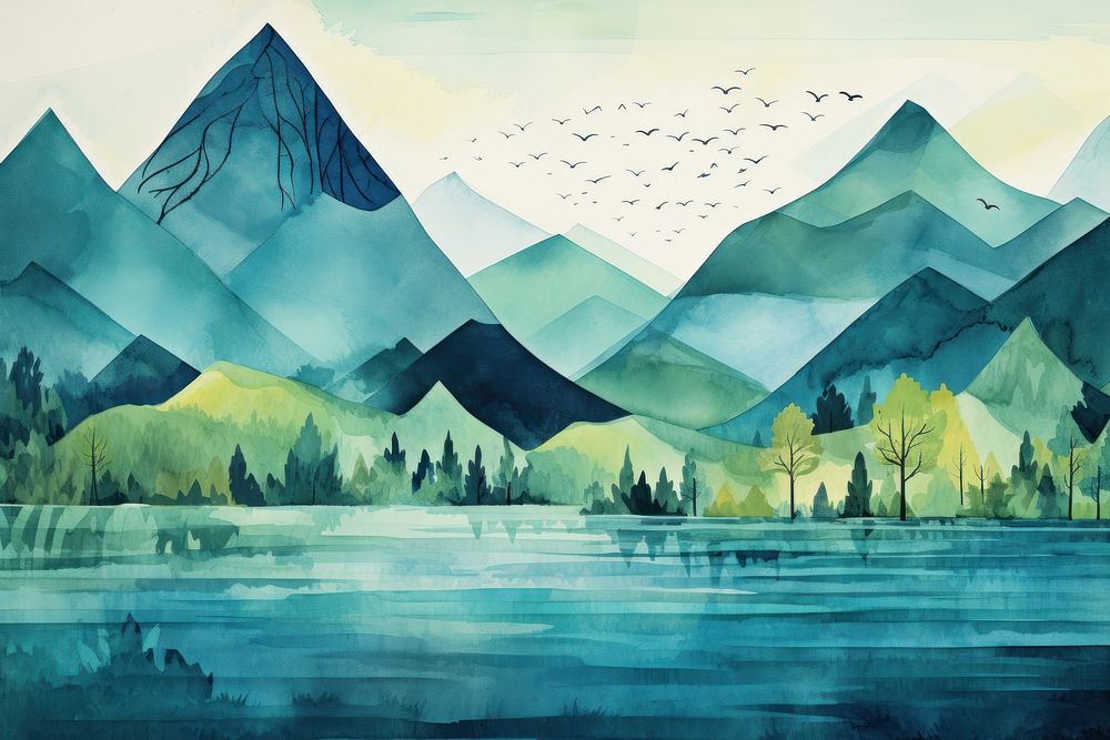 Mountain lake landscape painting. AI generated Image by rawpixel.
