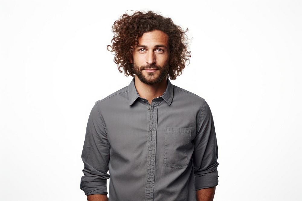 Curly haired man portrait sleeve shirt. AI generated Image by rawpixel.