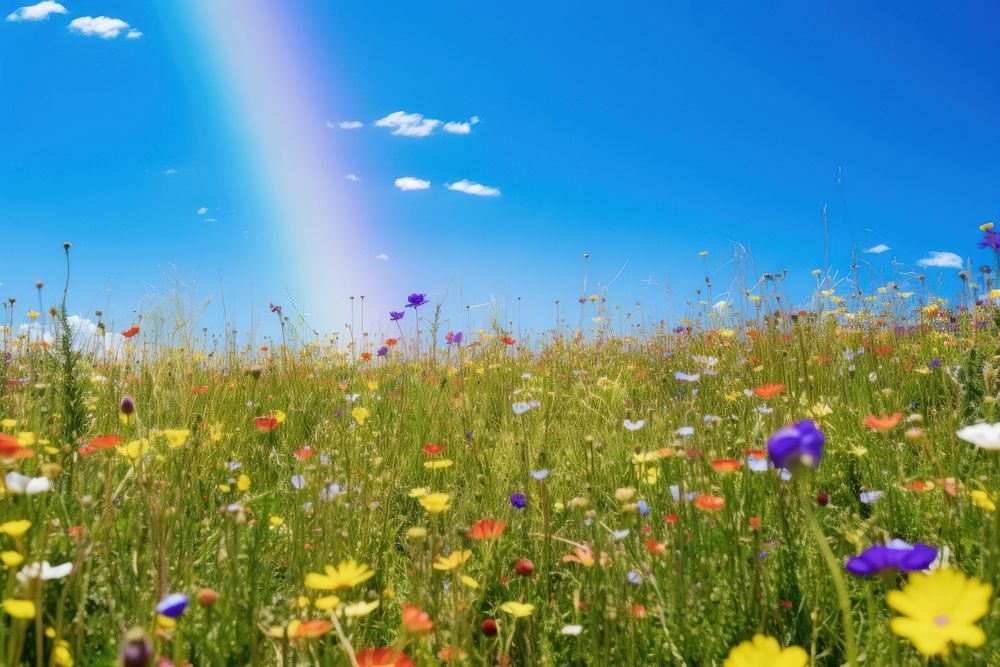 Wildflower field sky grassland. AI generated Image by rawpixel.